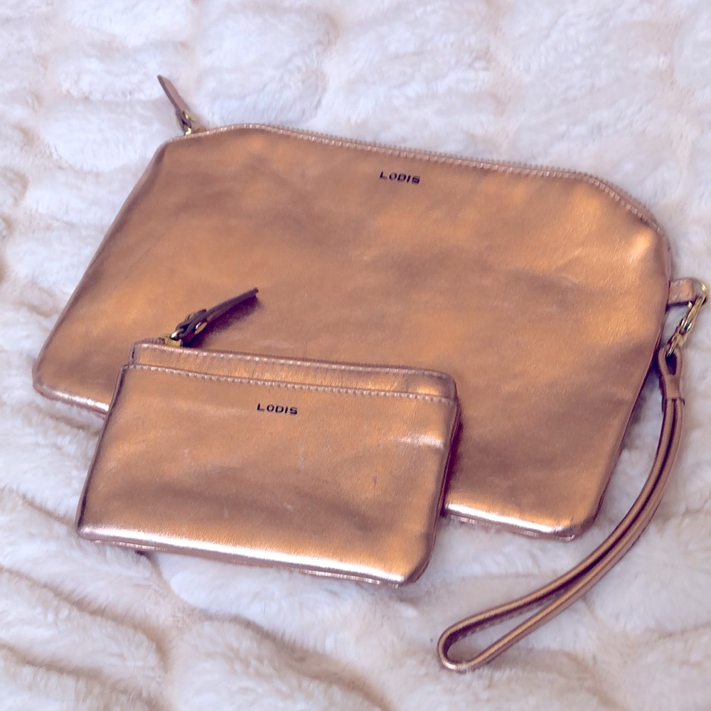 Lodis Rose Gold Metallic Leather Wristlet Pouch & Coin Cardholder Set
